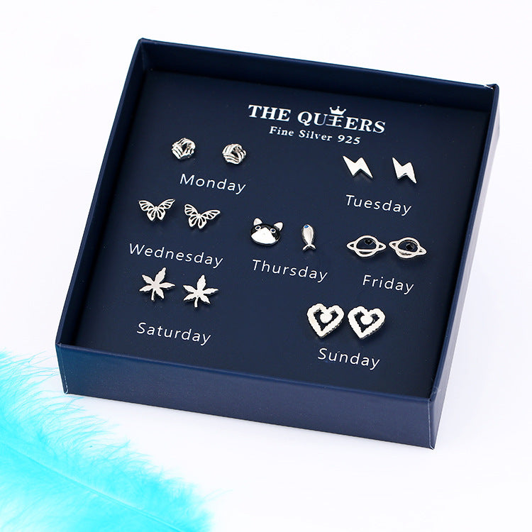 Fashion 925 Silver Needle Asymmetrical Earrings Gift Set